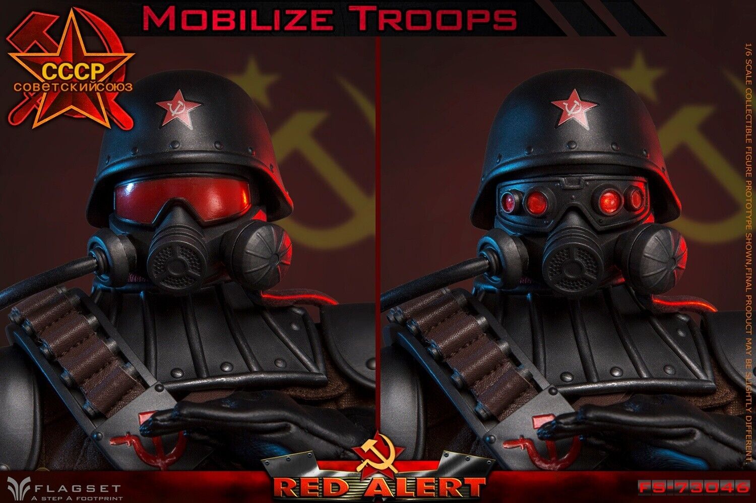 1:6 Flagset Soviet Red Alert Mobilize Troops Helmet w/ Gas Mask Head Sculpt
