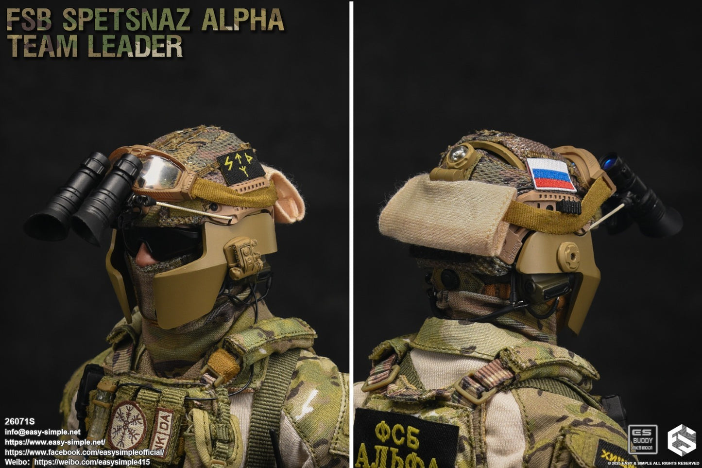 1:6 scale Easy & Simple Russian ALPHA Team Leader Multicam Helmet w/ Chops & NVG