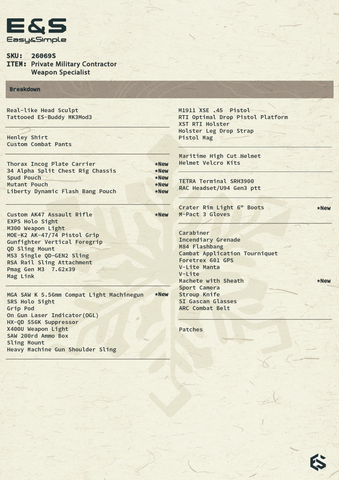 1:6 scale Easy & Simple Private Military Contractor Weapon Specialist 26069S