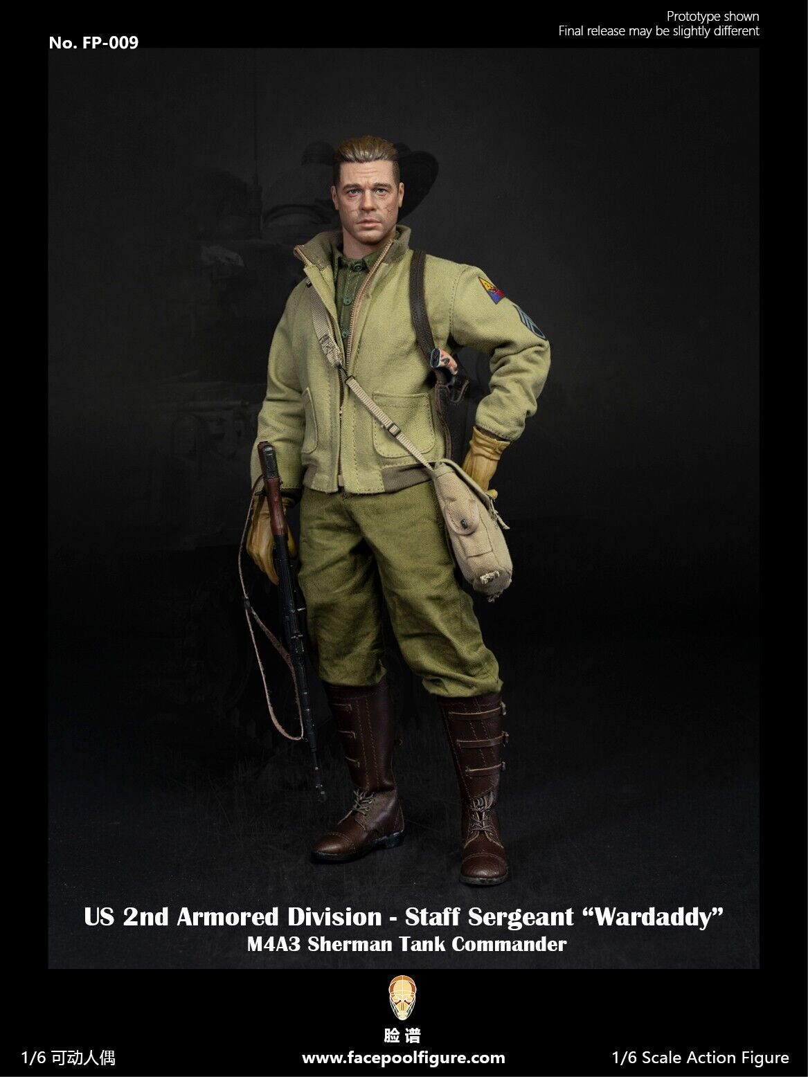 1:6 Facepool WWII 2nd Armored Div Tank Commander SSG Wardaddy Male Head Sculpt A