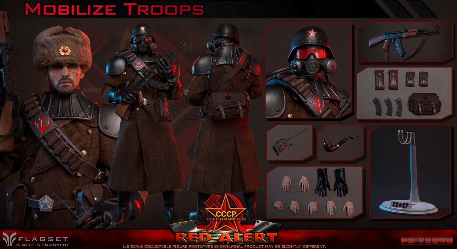 1:6 Flagset Soviet Red Alert Mobilize Troops Helmet w/ Gas Mask Head Sculpt