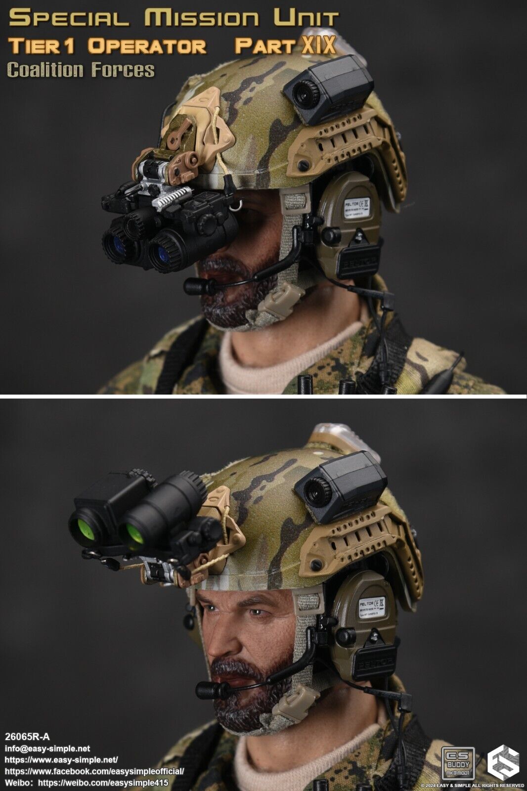 1:6 scale Easy & Simple Coalition Forces Multicam Helmet w/ NVG 26065RA