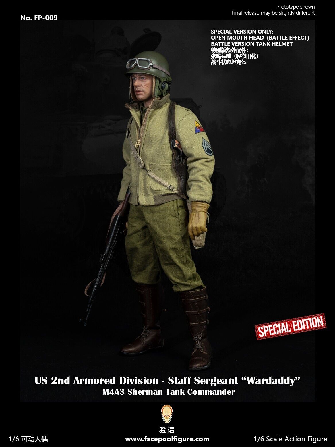 1:6 Facepool WWII 2nd Armored Div Tank Commander SSG Wardaddy Male Head Sculpt B