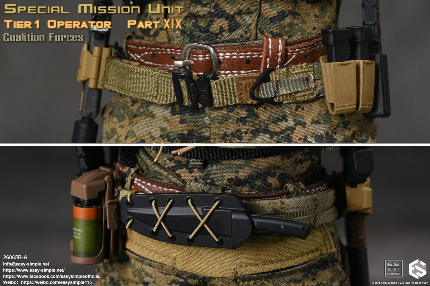 1:6 scale Easy & Simple Coalition Forces Tan Pistol Pouches w/ Ammo Mags 26065RA