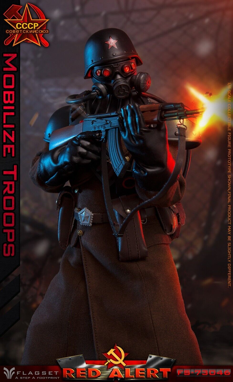 1:6 Flagset Soviet Red Alert Mobilize Troops Helmet w/ Gas Mask Head Sculpt