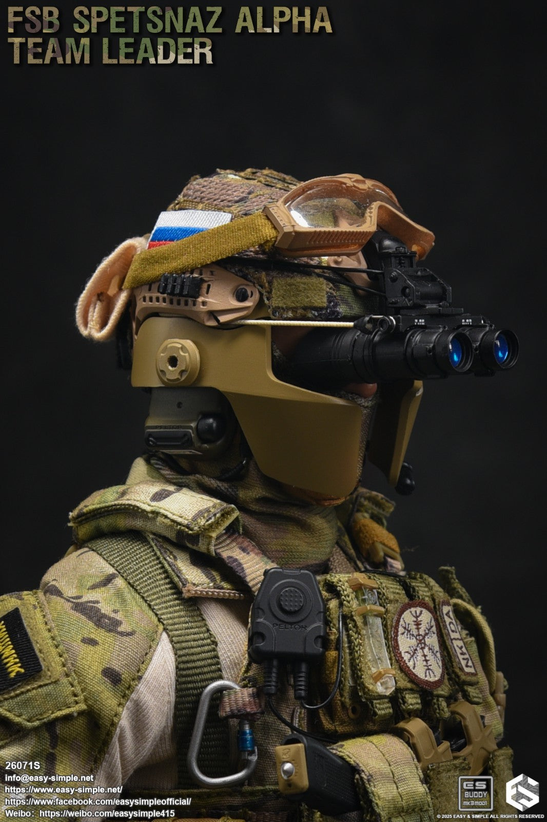 1:6 scale Easy & Simple Russian ALPHA Team Leader Multicam Helmet w/ Chops & NVG