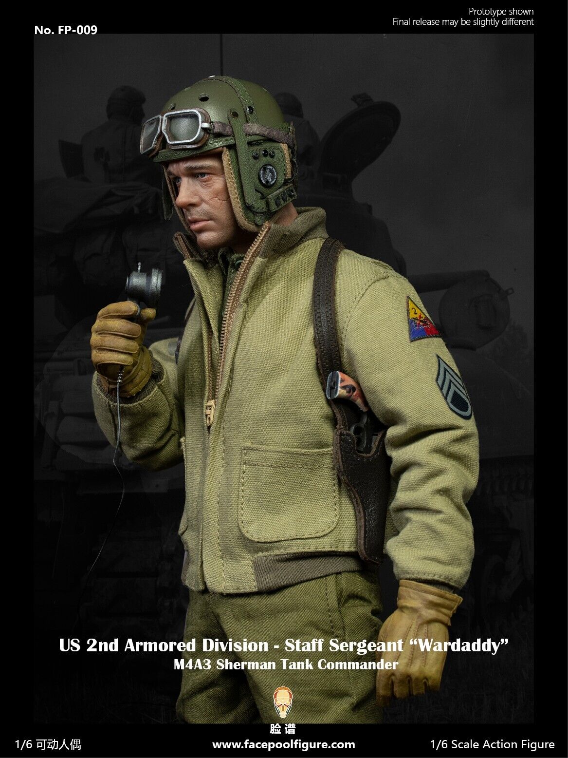 1:6 Facepool WWII 2nd Armored Div Tank Commander SSG Wardaddy Male Head Sculpt A