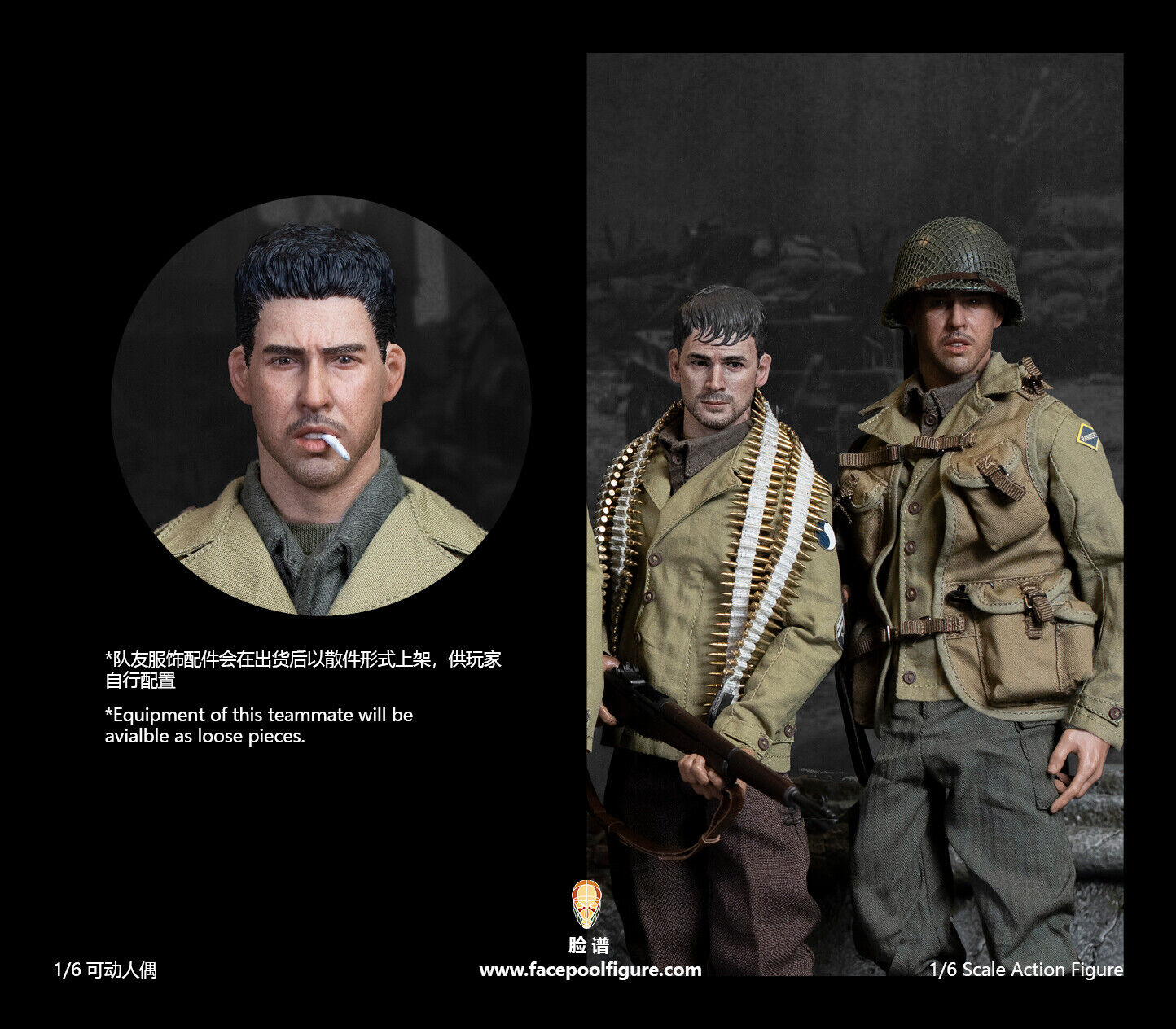 1:6 Facepool WWII US Infantry Technician Mellish Male Head Sculpt for 12" Figure