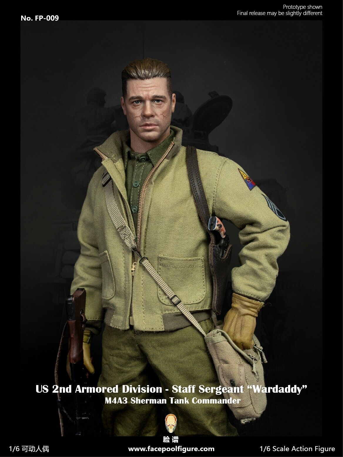 1:6 Facepool WWII 2nd Armored Div Tank Commander SSG Wardaddy Male Head Sculpt A