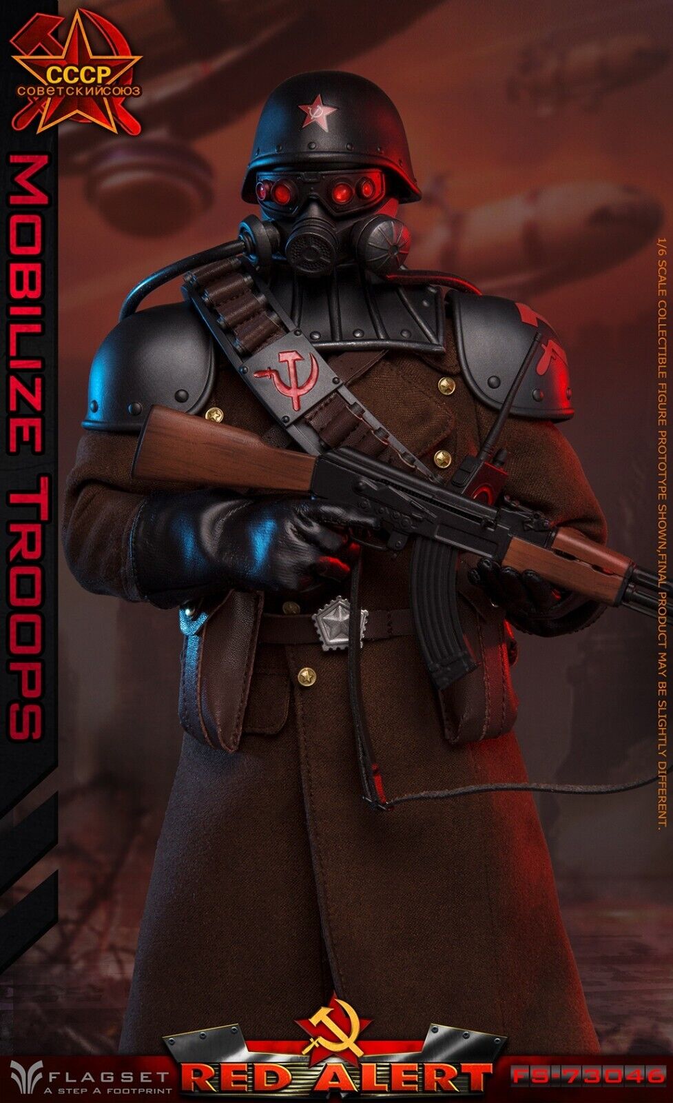 1:6 Flagset Soviet Red Alert Mobilize Troops Helmet w/ Gas Mask Head Sculpt