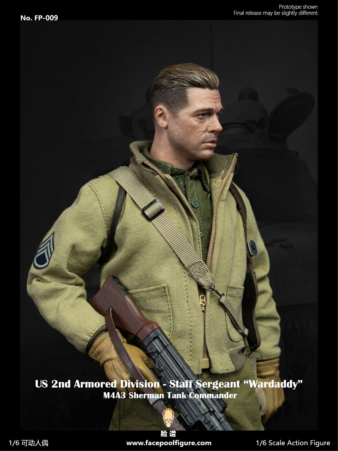 1:6 Facepool WWII 2nd Armored Div Tank Commander SSG Wardaddy Male Head Sculpt A