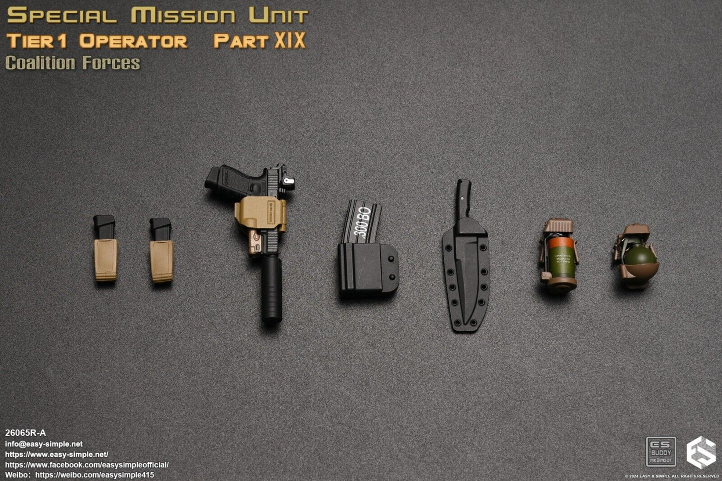1:6 scale Easy & Simple Coalition Forces Tan Pistol Pouches w/ Ammo Mags 26065RA