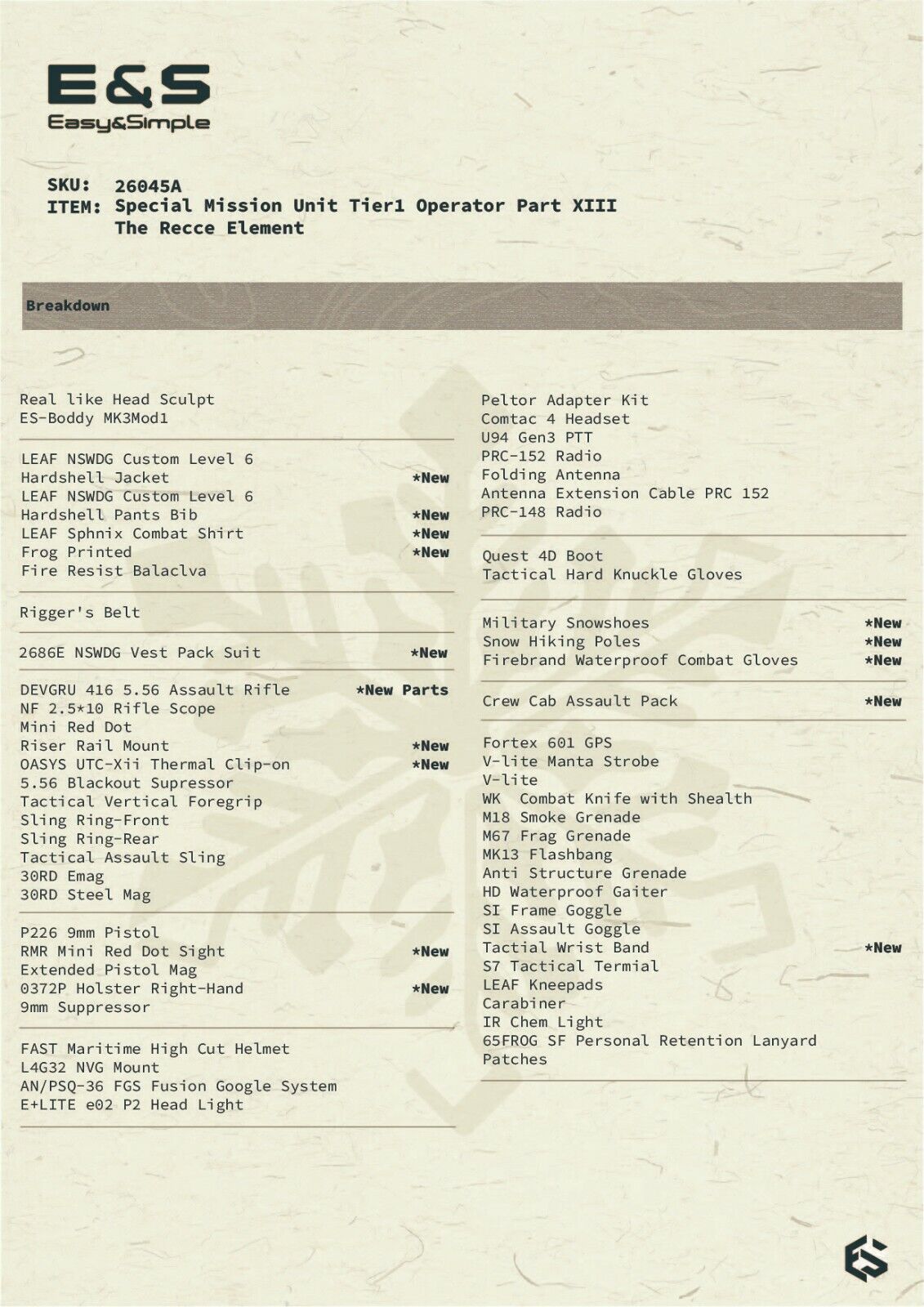 1:6 Easy & Simple SMU Tier 1 Operator Pt XIII Recce Element A 12" Figure 26045A