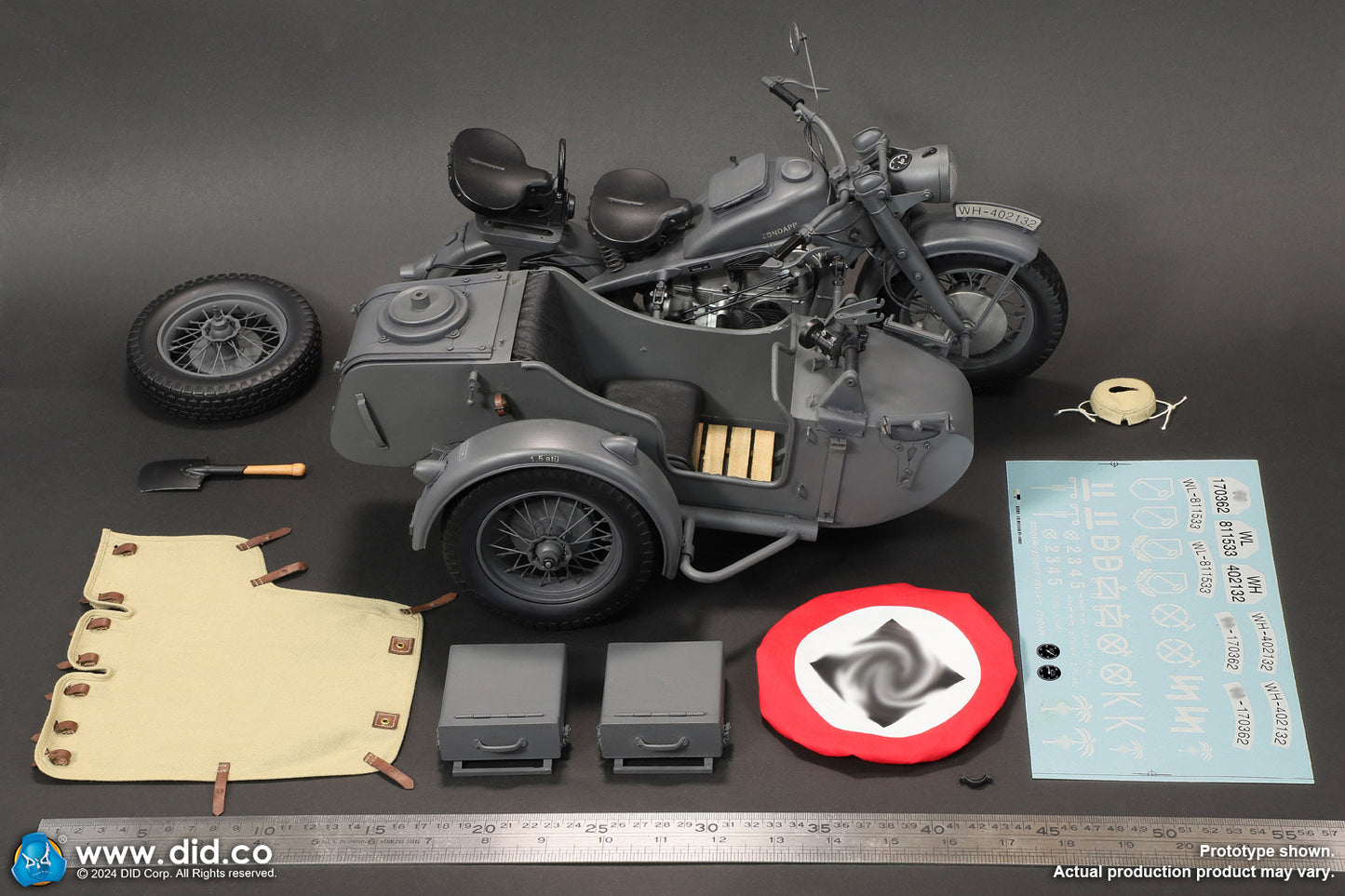 1:6 scale WWII German Zündapp KS 750 Motorcycle with Sidecar (Grey) for 12" Figures E60075G