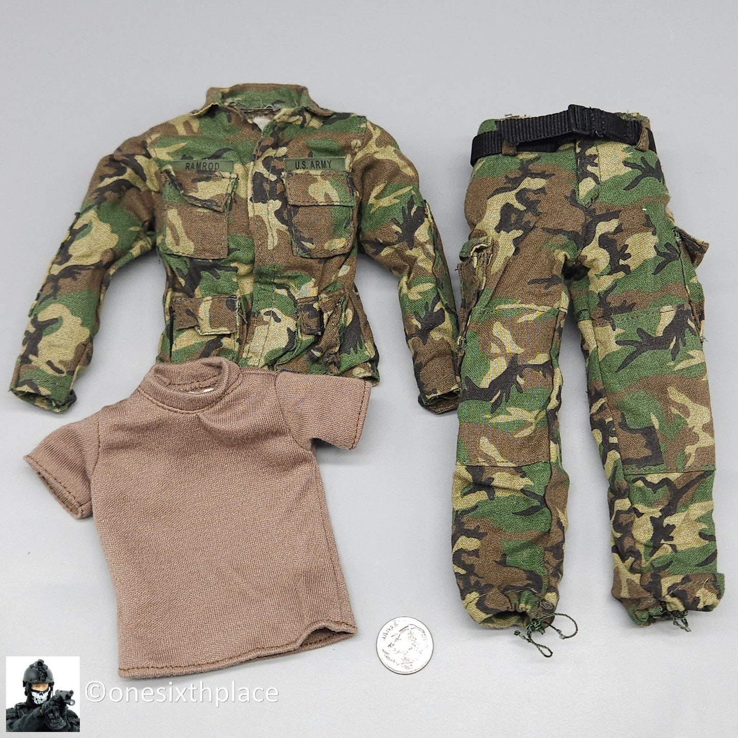1:6 scale BBI Green Beret Woodland Camo Uniform w/ Patches for 12" Figures