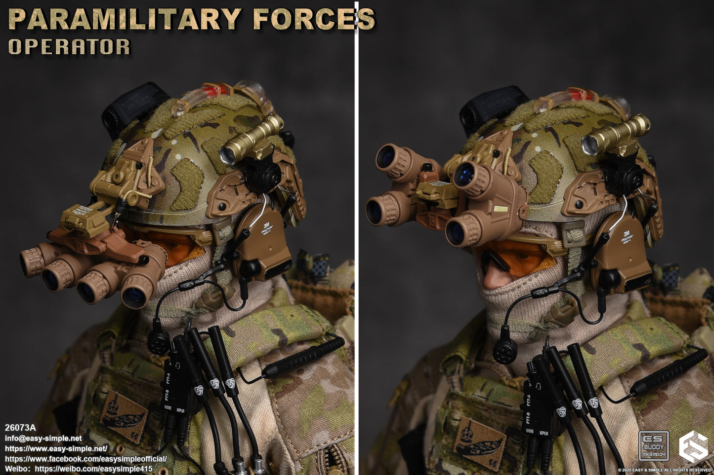 1:6 scale Easy & Simple Paramilitary Forces Operator Multicam Helmet w/ NVG for 12" Figures