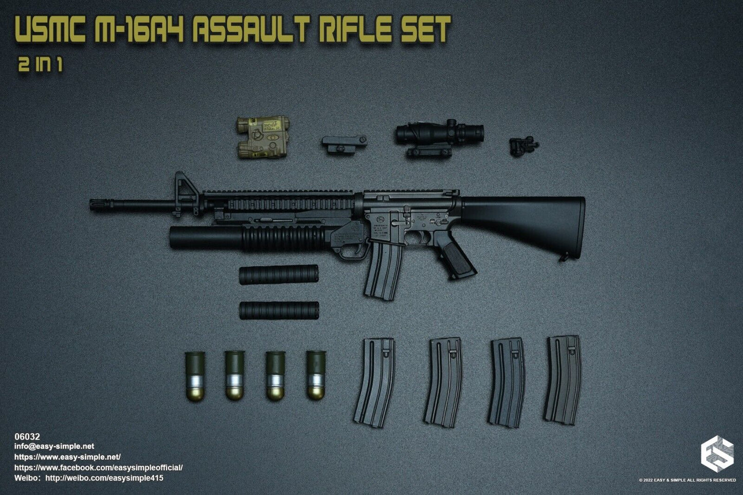 1:6 Easy & Simple USMC M16A4 Rifle w/ M203 Grenade Launcher for 12" Figures