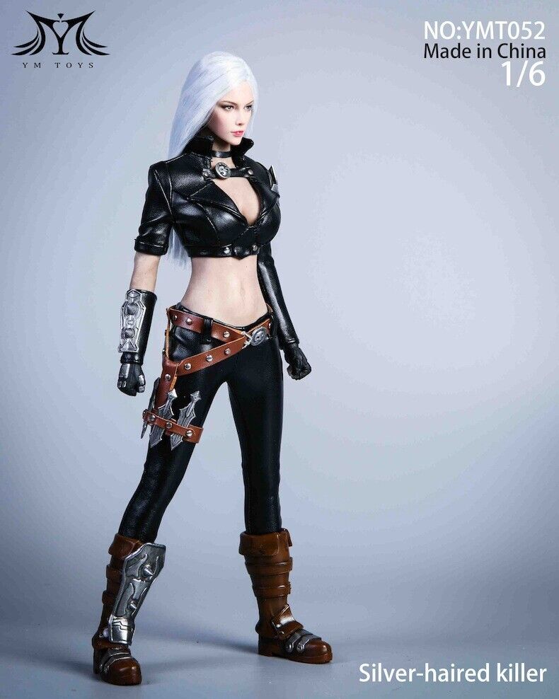 1:6 YM Toys Silver Haired Killer Female Leather Outfit w/ Boots for 12" Figures