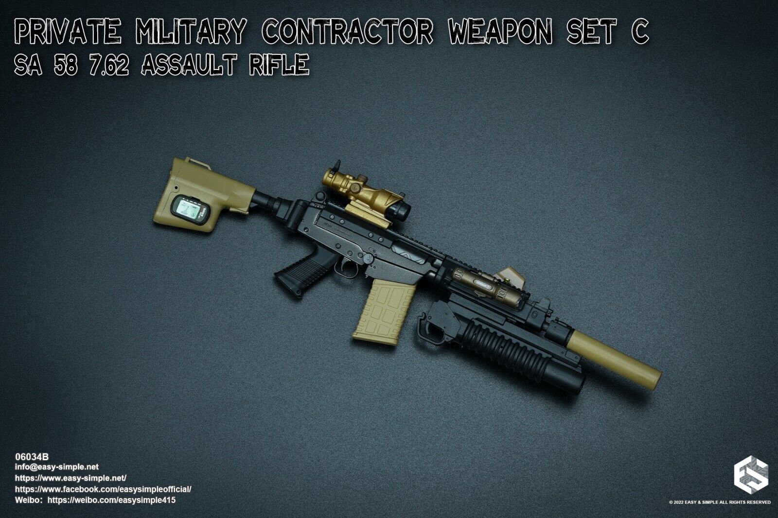 1:6 Easy & Simple PMC Weapon Set C SA 58 7.62 Assault Rifle Gold ACOG 06034B