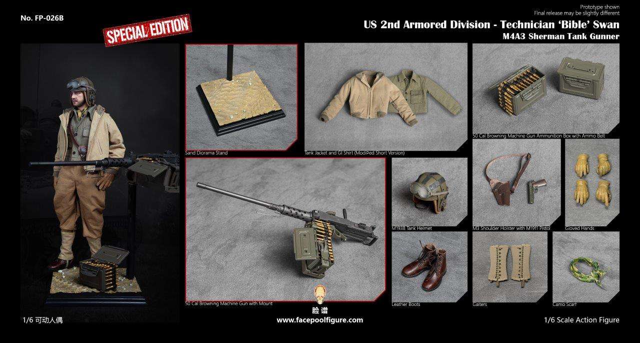 1:6  scale FacePool US 2nd Armored Division Technician Sherman Tank Gunner Special Edition 12" Figure FP026B (PREORDER)